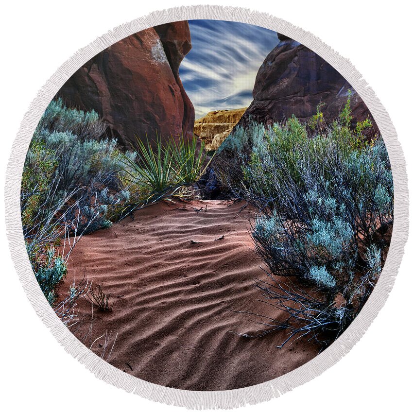 Navajo Sand Round Beach Towel featuring the photograph Sandy Trail Arches National Park by Gary Warnimont