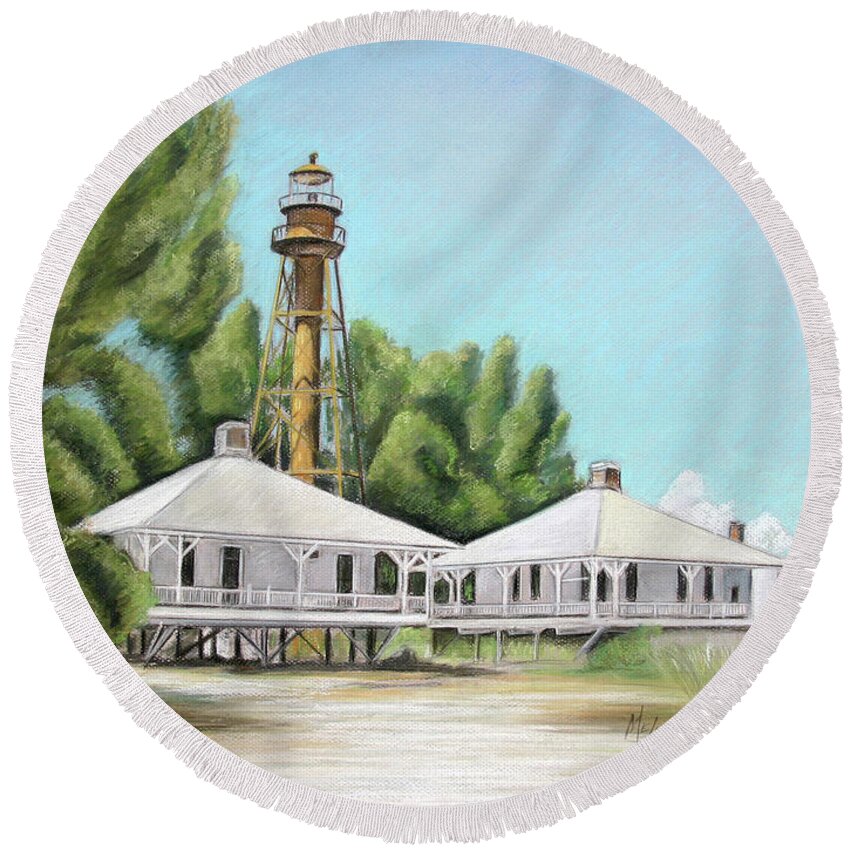 Sanibel Lighthouse Round Beach Towel featuring the painting Sanibel Lighthouse by Melinda Saminski