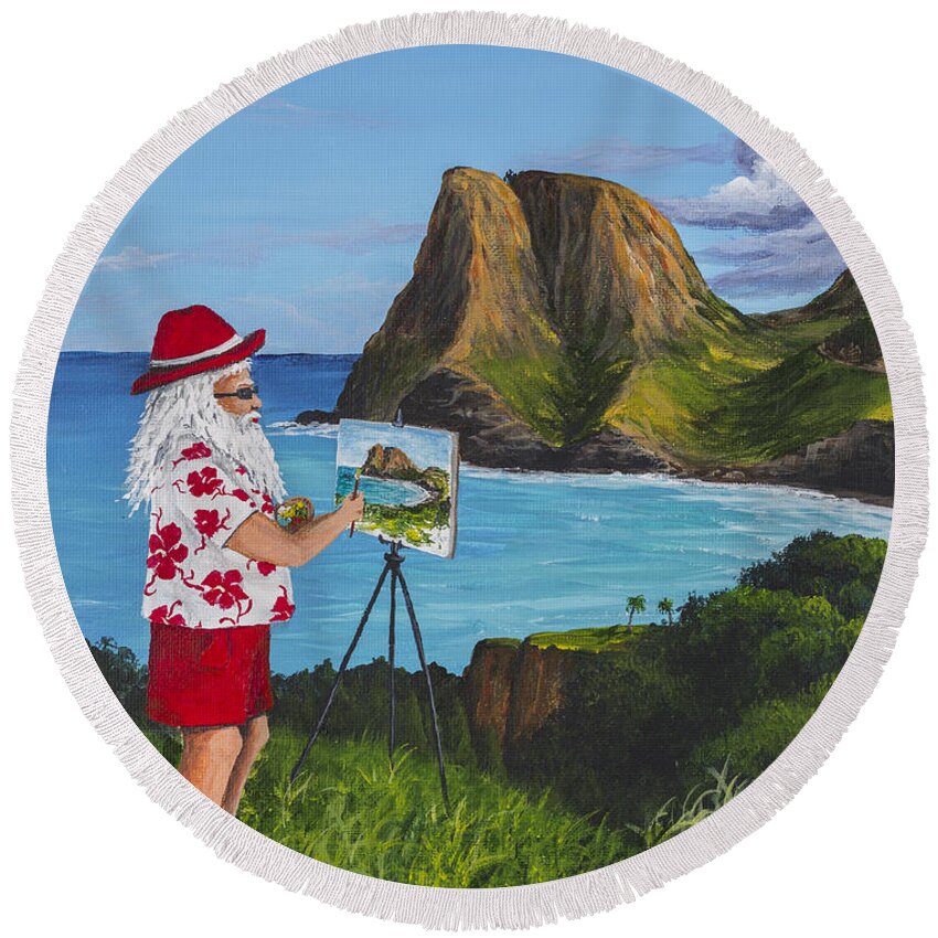 Seascape Round Beach Towel featuring the painting Santa in Kahakuloa Maui by Darice Machel McGuire