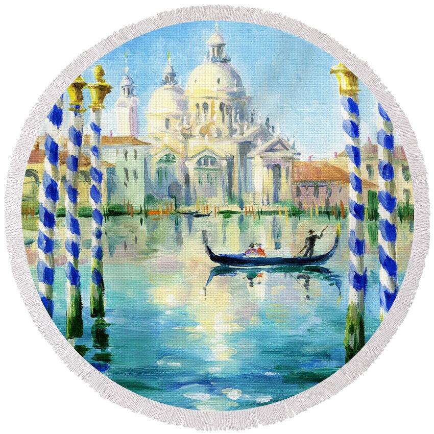 Oil Painting Round Beach Towel featuring the painting Santa Maria Della Salute by Maria Rabinky