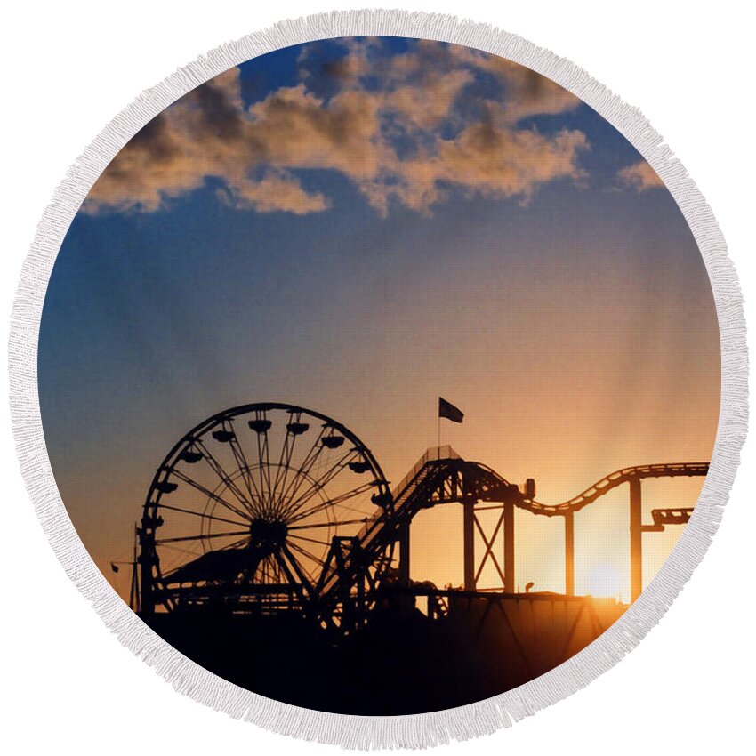 #faatoppicks Round Beach Towel featuring the photograph Santa Monica Pier by Art Block Collections