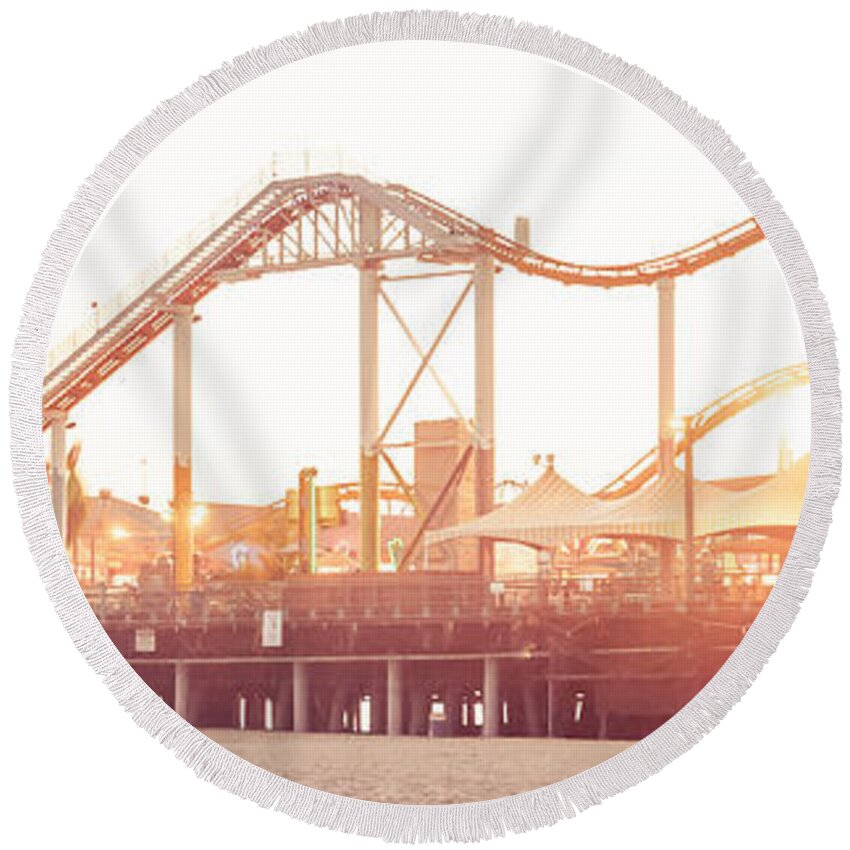 Santa Monica Pier Roller Coaster Panorama Photo Round Beach Towel Santa Monica Pier Roller Coaster Panorama Photo Round Beach Towel