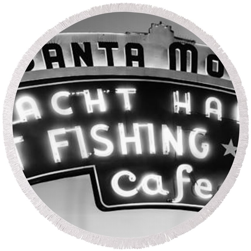 America Round Beach Towel featuring the photograph Santa Monica Pier Sign Panoramic Black and White Photo by Paul Velgos