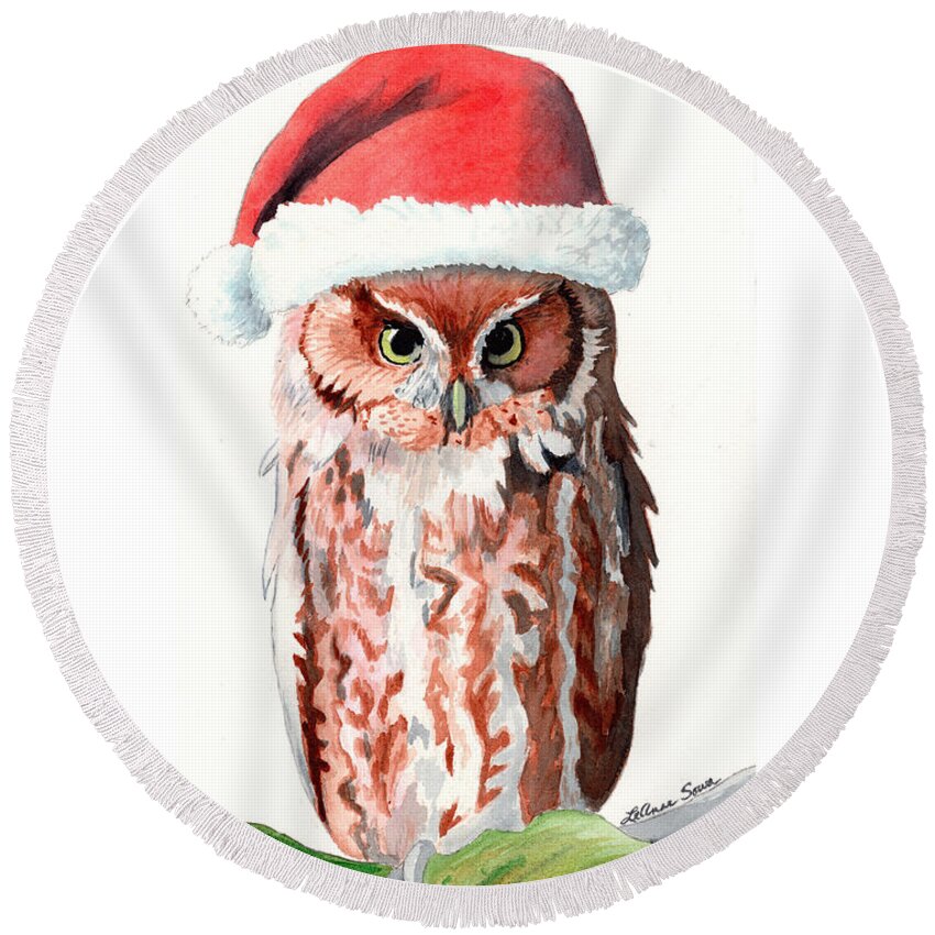 Owls Round Beach Towel featuring the painting Santa Owl by LeAnne Sowa