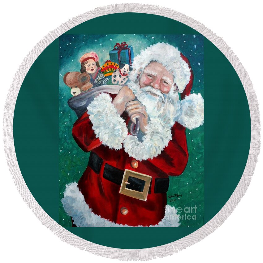 Santa Round Beach Towel featuring the painting Santa's Coming to Town by Julie Brugh Riffey
