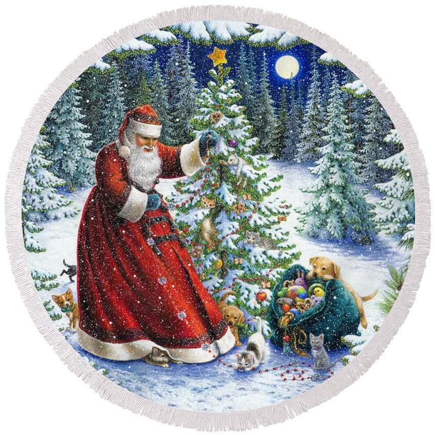 Santa Claus Round Beach Towel featuring the painting Santa's Little Helpers by Lynn Bywaters