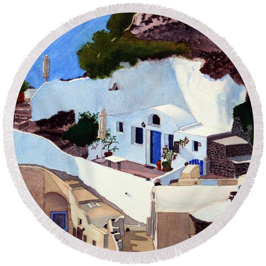 Santorini Round Beach Towel featuring the painting Santorini Cave Homes by Mike Robles