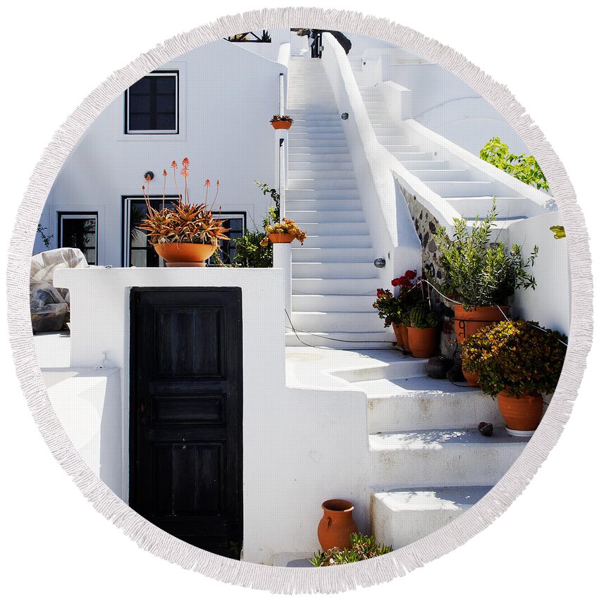 Greece Round Beach Towel featuring the photograph Santorini Door and Steps by Darin Volpe