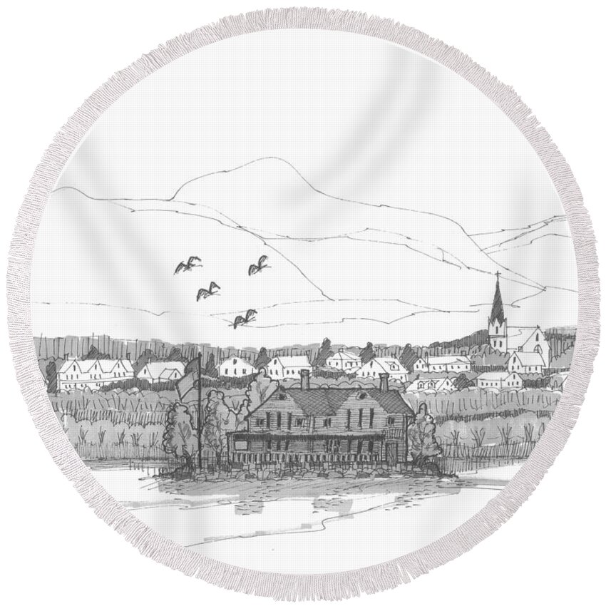 Hudson River Round Beach Towel featuring the drawing Saugerties from Tivoli by Richard Wambach