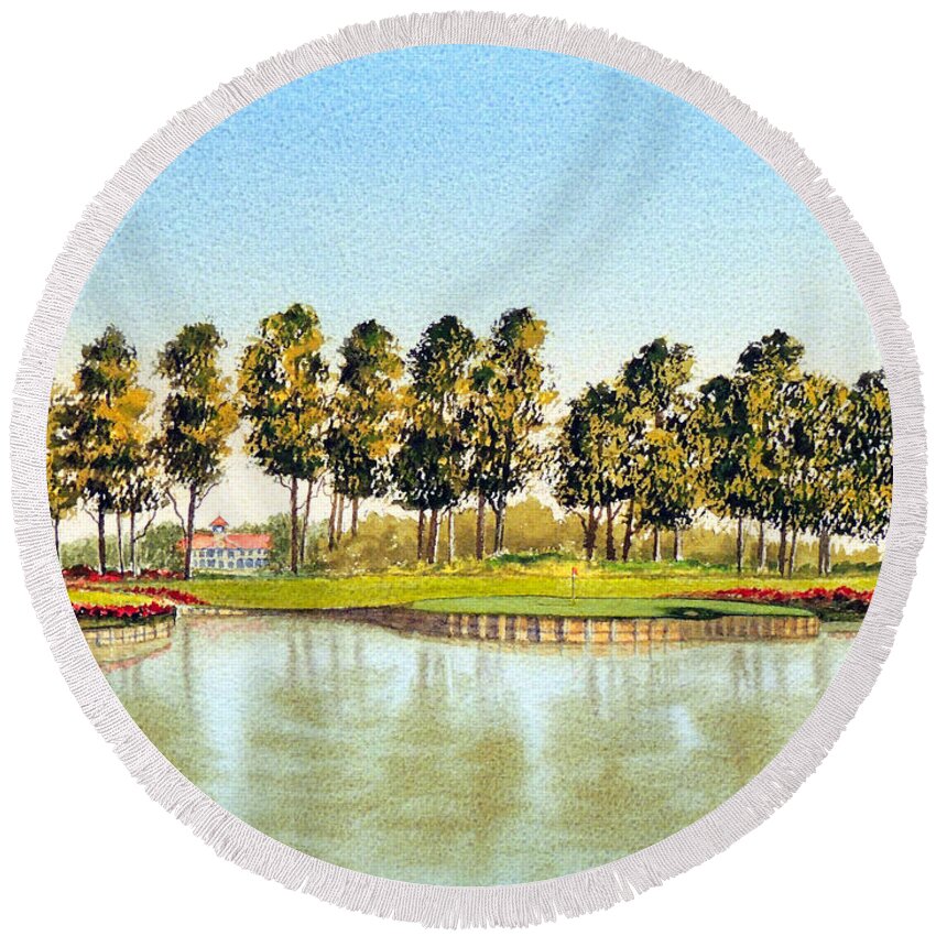 Sawgrass 17th Hole Round Beach Towel featuring the painting Sawgrass TPC Golf Course 17Th Hole by Bill Holkham