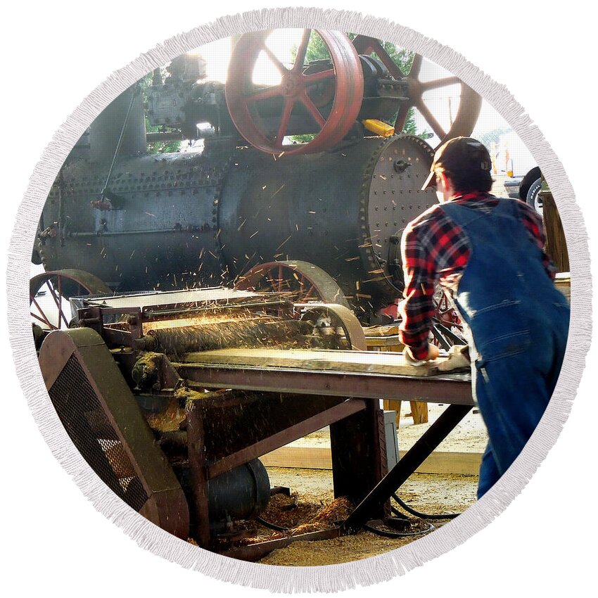 Tree Round Beach Towel featuring the photograph Sawmill Planer In Action by Pete Trenholm