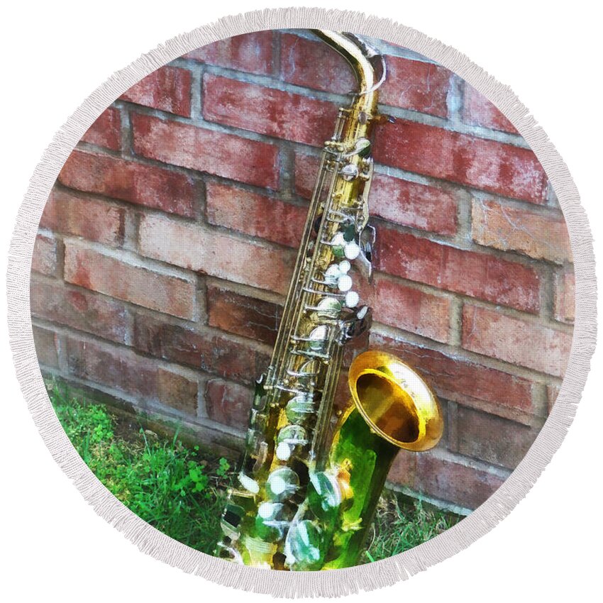 Saxophone Round Beach Towel featuring the photograph Saxophone Against Brick by Susan Savad