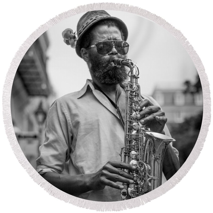 Jazz In The Streets Of New Orleans Round Beach Towel featuring the photograph Saxophone Musician New Orleans by David Morefield