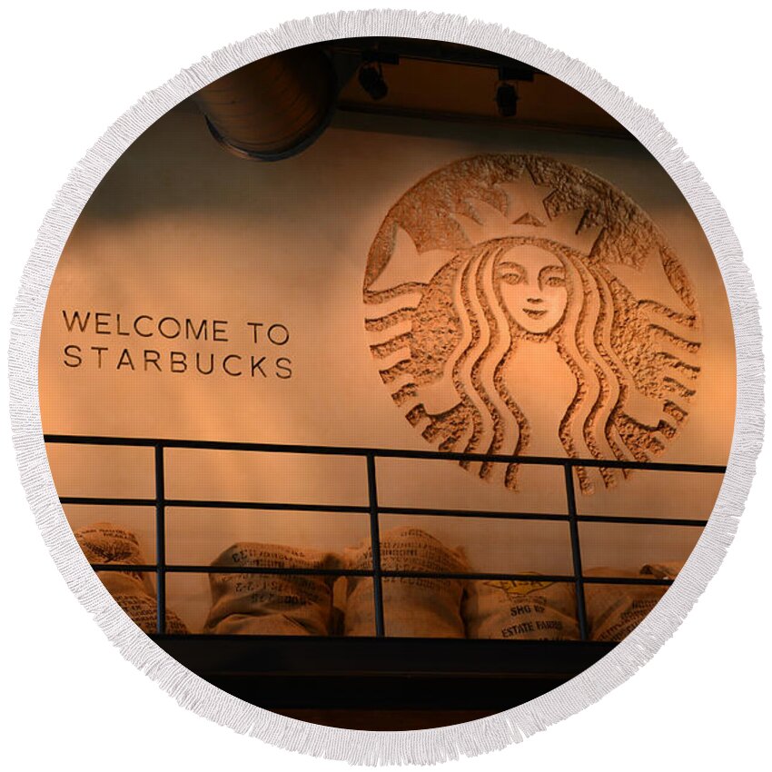 Starbucks Round Beach Towel featuring the photograph Starbucks display D.T. Disney by David Lee Thompson