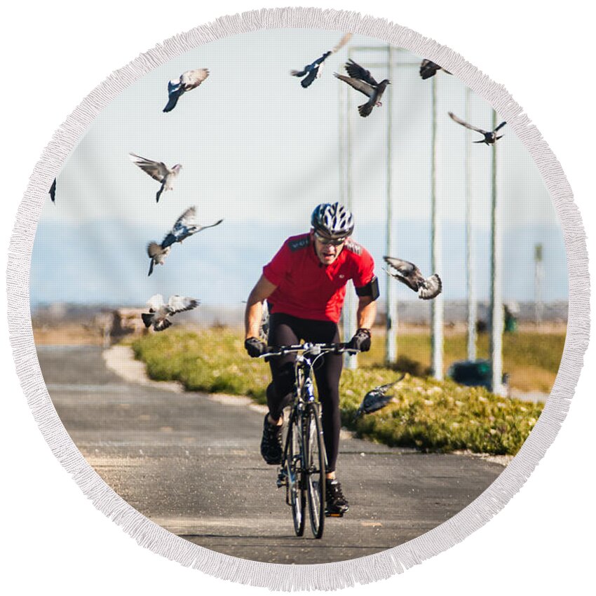 Bike Round Beach Towel featuring the photograph Scattering the Pigeons by Alex Lapidus