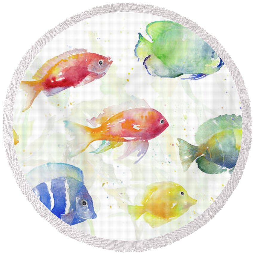 School Round Beach Towel featuring the painting School Of Tropical Fish by Lanie Loreth