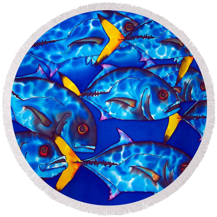 Horse-eyed Jackfish Round Beach Towel featuring the painting Schooling jack fish by Daniel Jean-Baptiste