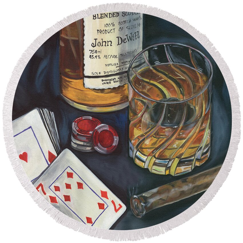 Scotch Round Beach Towel featuring the painting Scotch and Cigars 4 by Debbie DeWitt