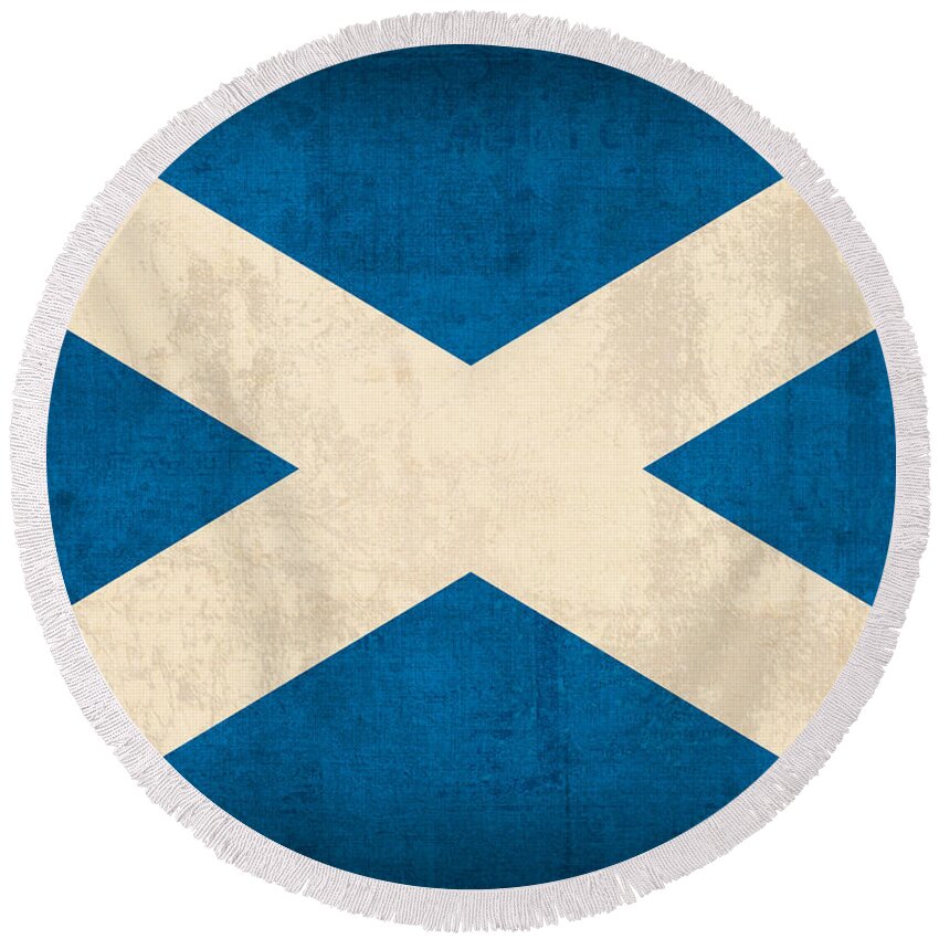 Scotland Flag Vintage Distressed Finish Round Beach Towel featuring the mixed media Scotland Flag Vintage Distressed Finish by Design Turnpike