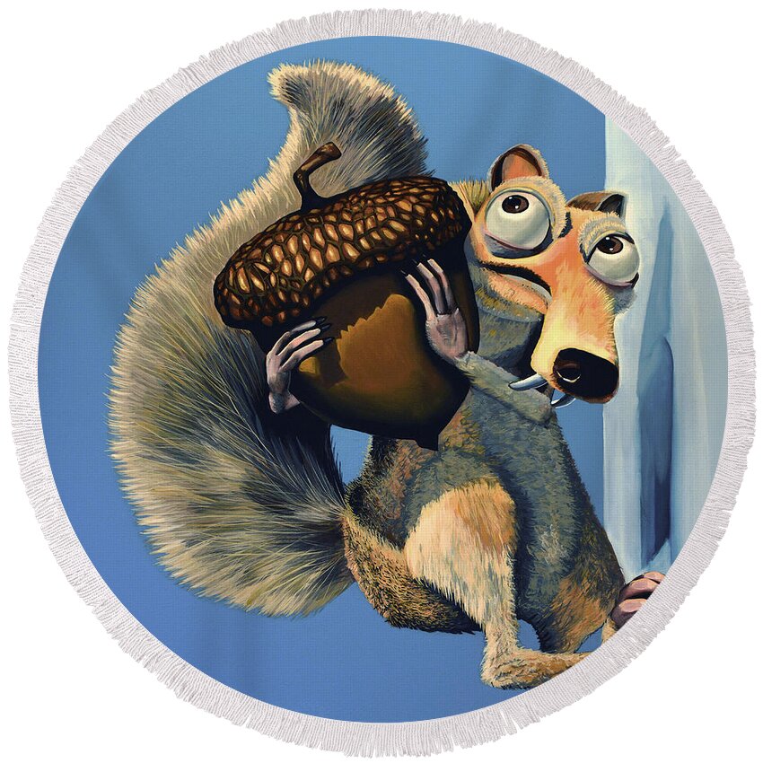Scrat Round Beach Towel featuring the painting Scrat of Ice Age by Paul Meijering
