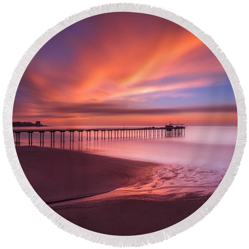 California; Long Exposure; Ocean; Reflection; San Diego; Seascape; Sky; Sunset; Surf; Clouds; Waves Round Beach Towel featuring the photograph Scripps Pier Sunset by Larry Marshall