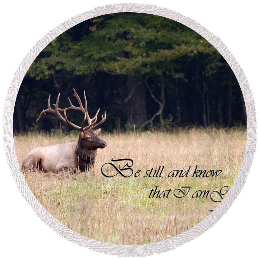 Elk Round Beach Towel featuring the photograph Scripture Photo with Elk Sitting by Jill Lang