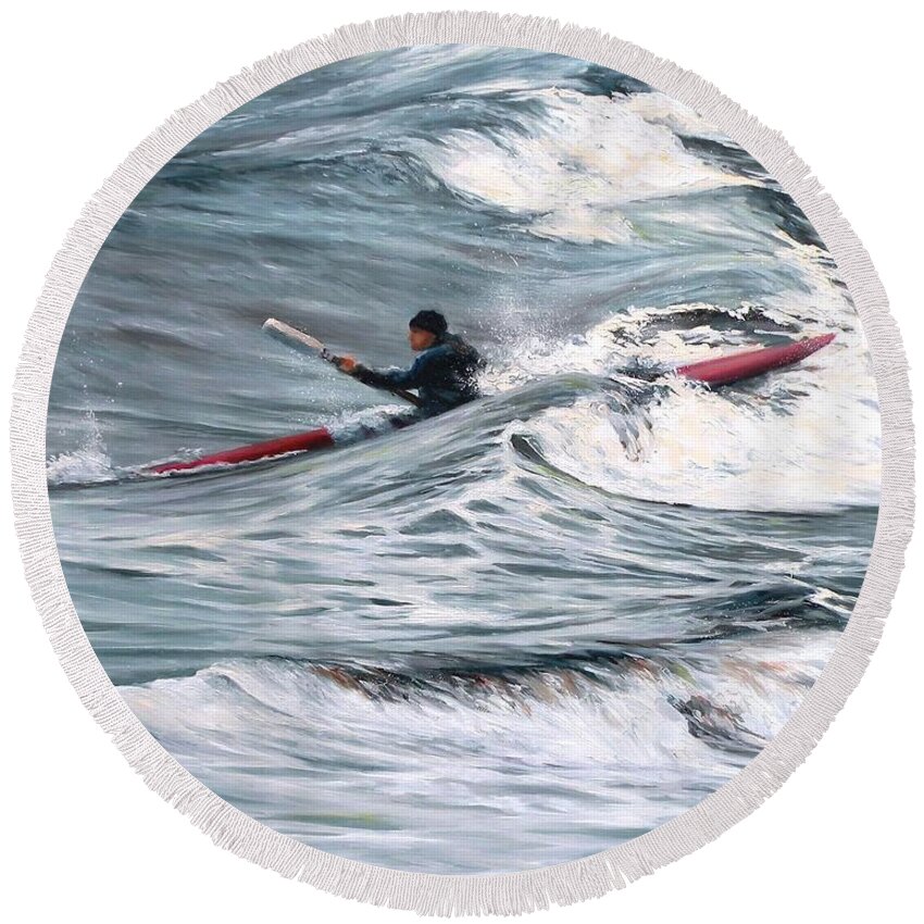 Rockport Round Beach Towel featuring the painting Sea Kayaking in Rockport MA by Eileen Patten Oliver