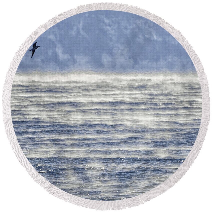 Sea Smoke And Gull Blues Round Beach Towel featuring the photograph Sea Smoke and Gull Blues by Marty Saccone