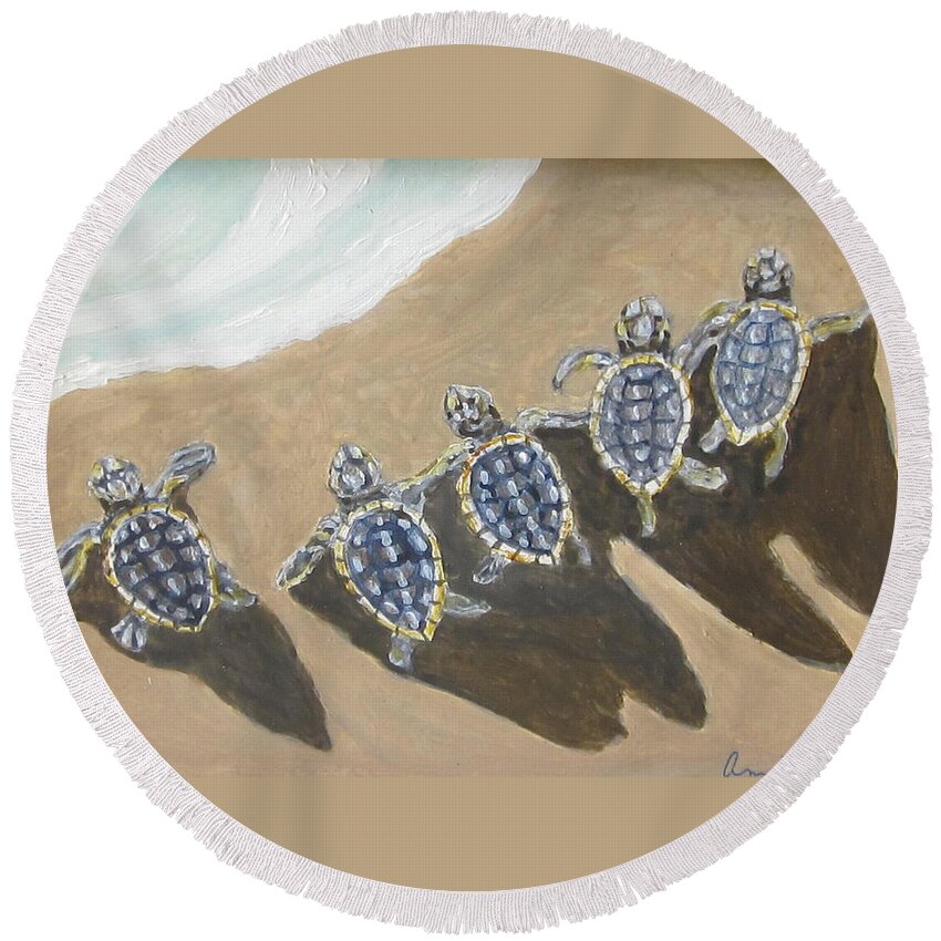 Turtles Round Beach Towel featuring the painting Sea Turtle Babes by Anne Marie Brown