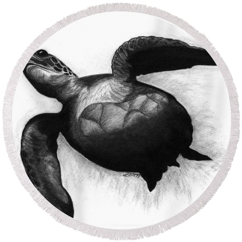 Sea Turtle Round Beach Towel featuring the drawing Sea Turtle by Leara Nicole Morris-Clark