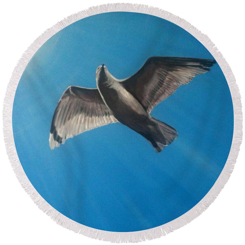 New Hampshire Round Beach Towel featuring the painting Seagull in flight by Barbara Andrews