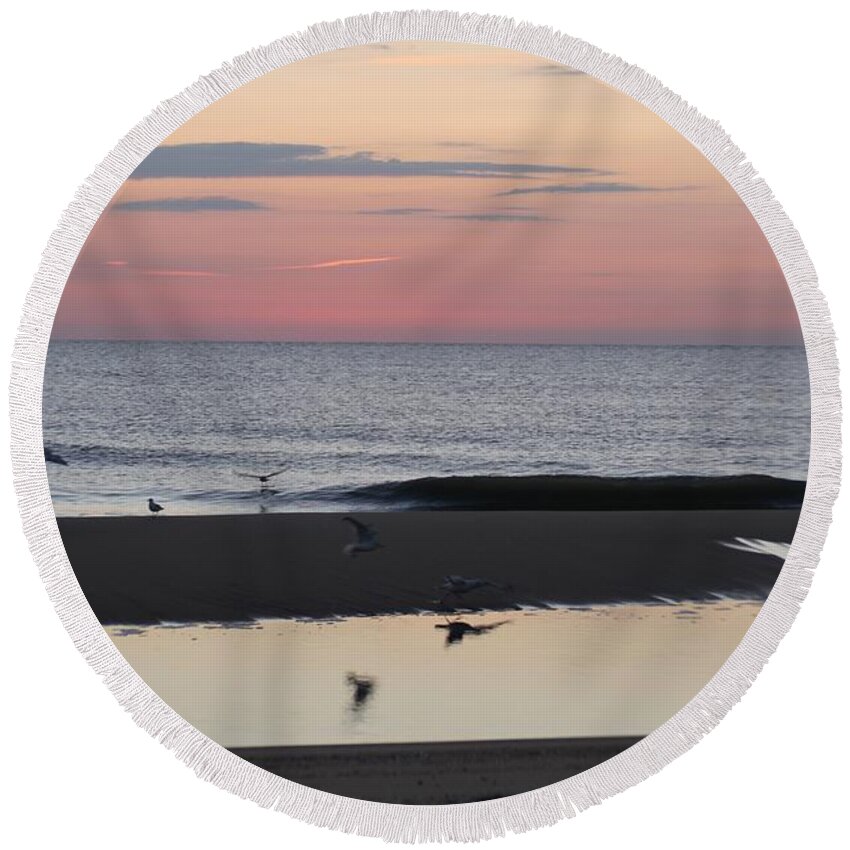 Animals Round Beach Towel featuring the photograph Seagulls Sea and Sunrise by Robert Banach