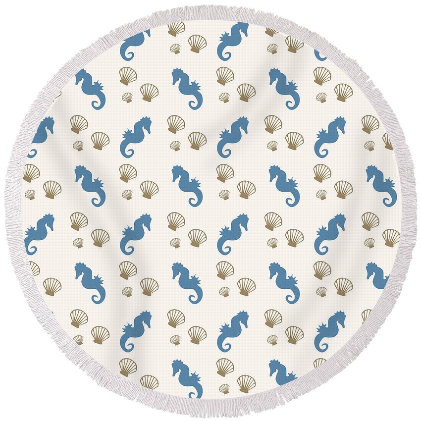 Seahorse Round Beach Towel featuring the mixed media Seahorse and Shells Pattern by Christina Rollo