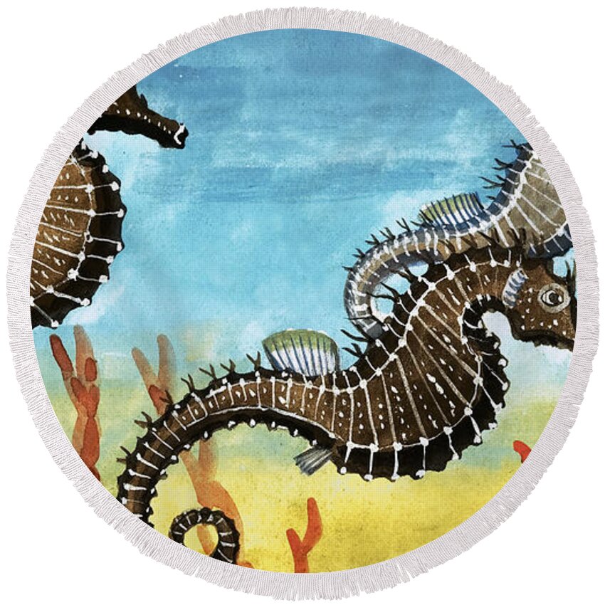 Seahorses Round Beach Towel featuring the drawing Seahorses by English School
