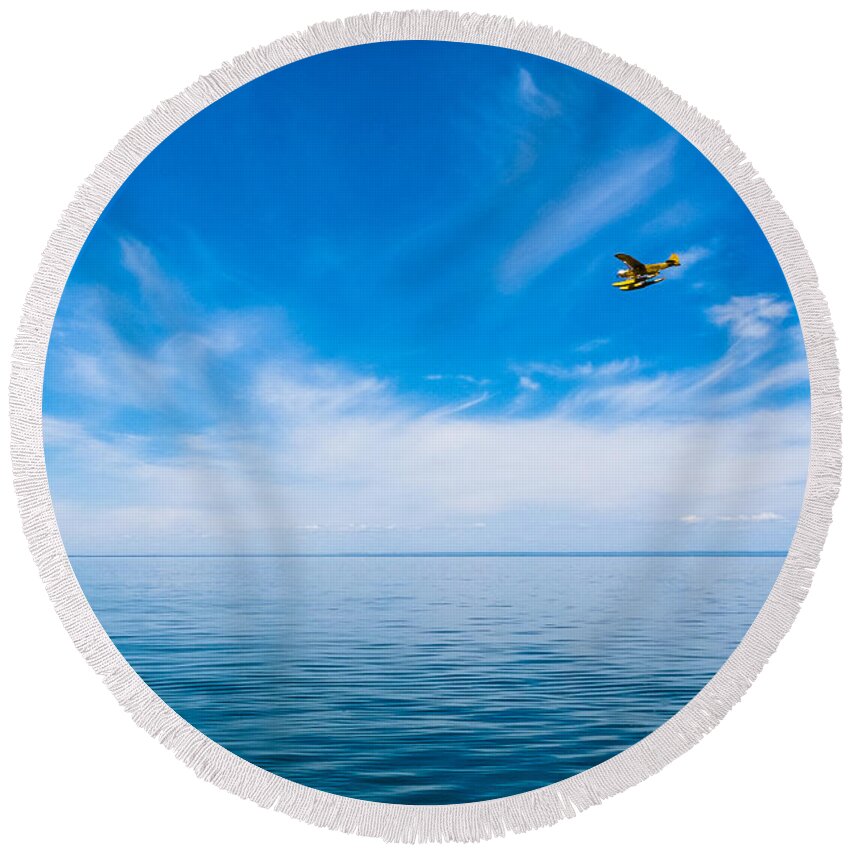 Michigan Round Beach Towel featuring the photograph Seaplane Over Lake Superior  by Lars Lentz