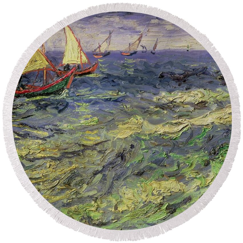 Yacht Round Beach Towel featuring the painting Seascape at Saintes-Maries 1888 by Vincent van Gogh
