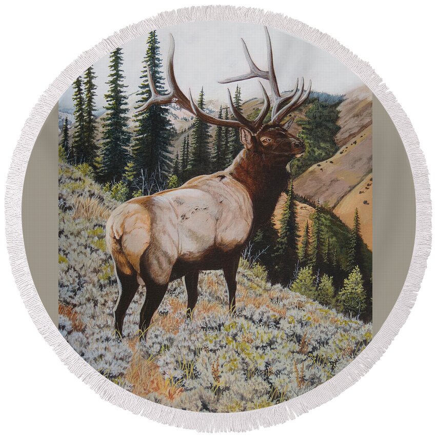 Bull Elk Round Beach Towel featuring the painting Seasoned Veteran by Darcy Tate