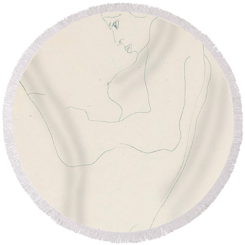 Egon Schiele Round Beach Towel featuring the drawing Seated Nude by Egon Schiele