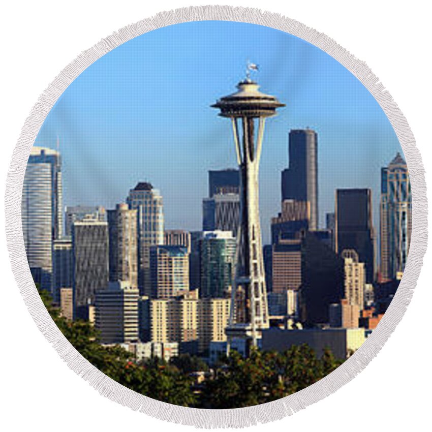 Photography Round Beach Towel featuring the photograph Seattle City Skyline And Downtown by Panoramic Images