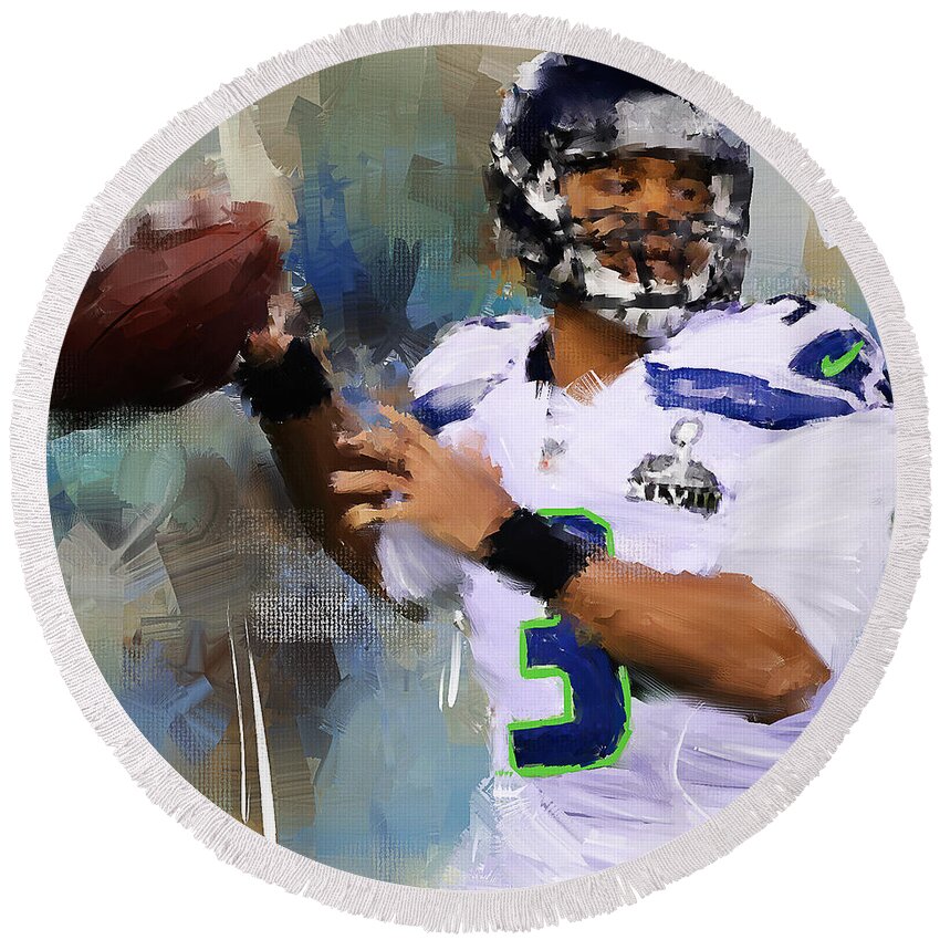 Russell Wilson Round Beach Towel featuring the painting Seattle Icon by Lourry Legarde