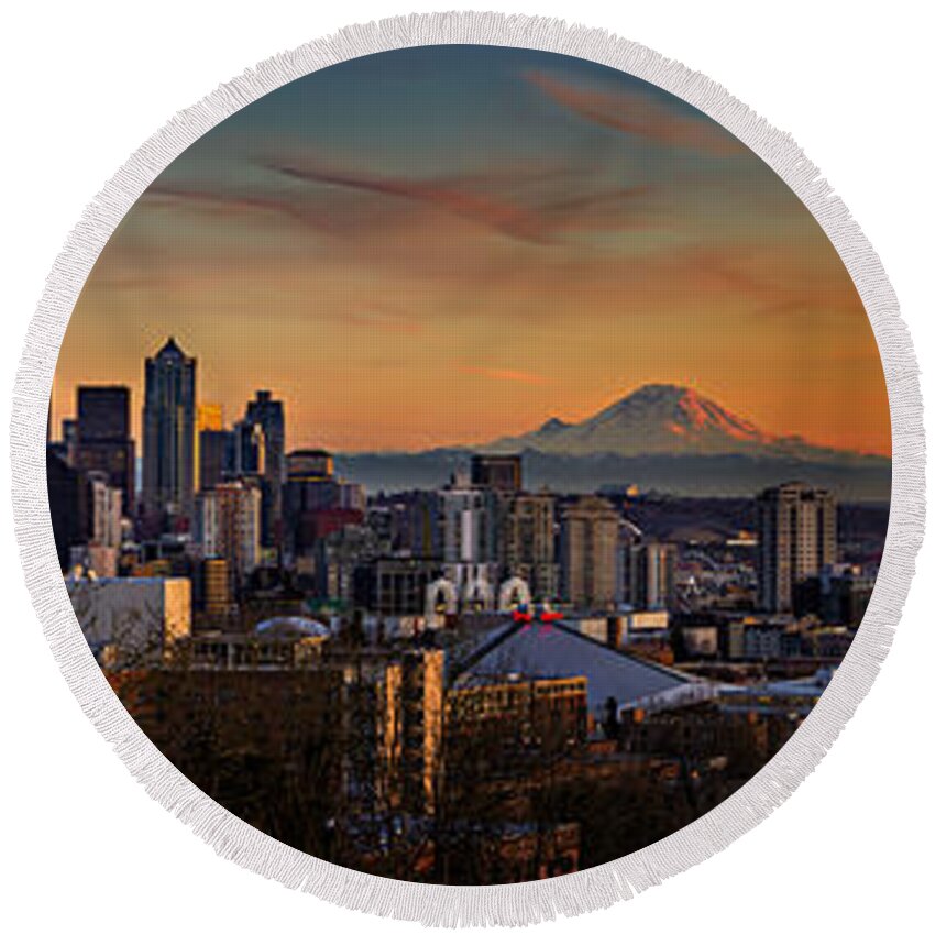 Skyline Round Beach Towel featuring the photograph Seattle Sunset Panorama by Mary Jo Allen