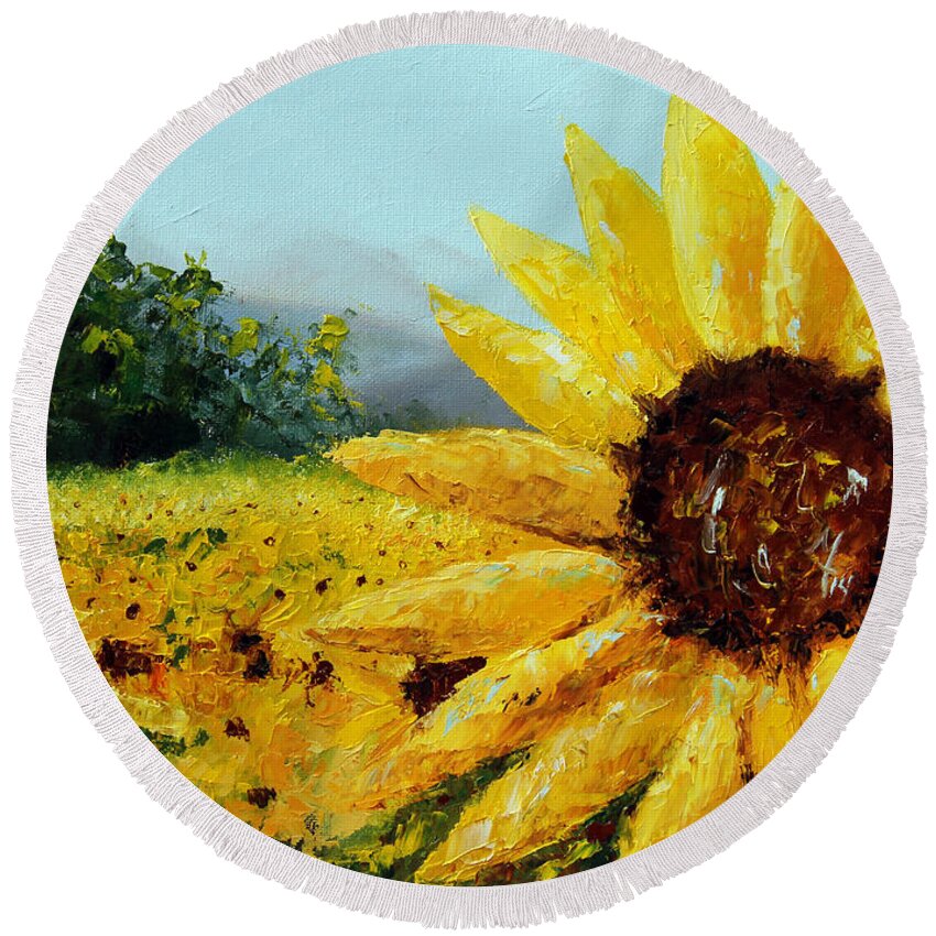 Sunflower Round Beach Towel featuring the painting Seeing the Sun 2 by Meaghan Troup