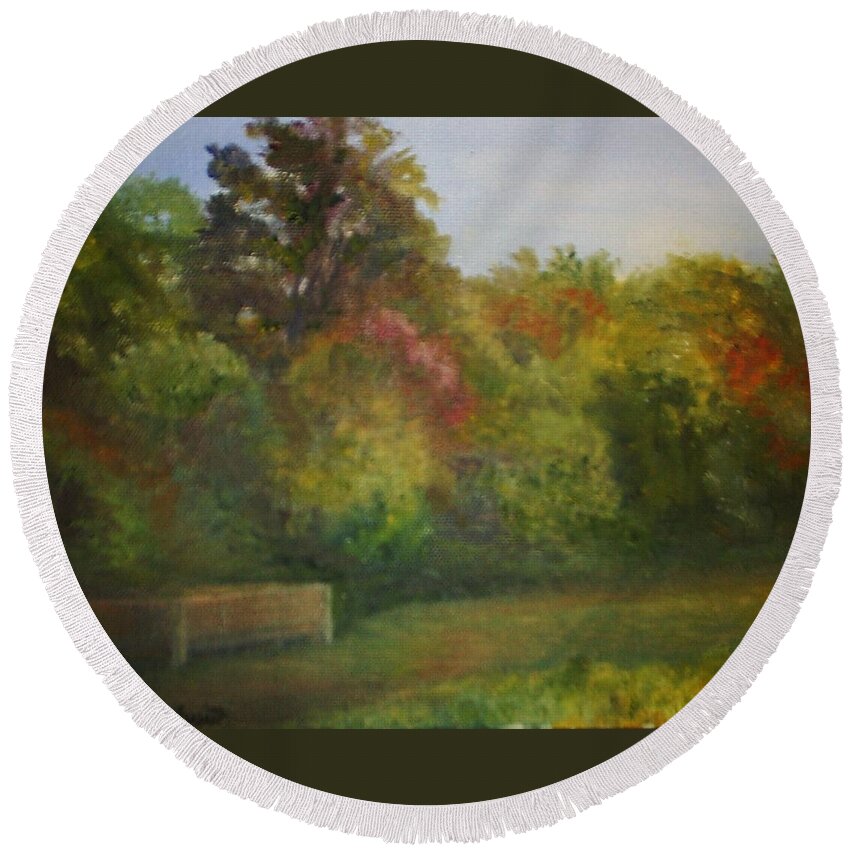 September Round Beach Towel featuring the painting September at Smithville Park by Sheila Mashaw