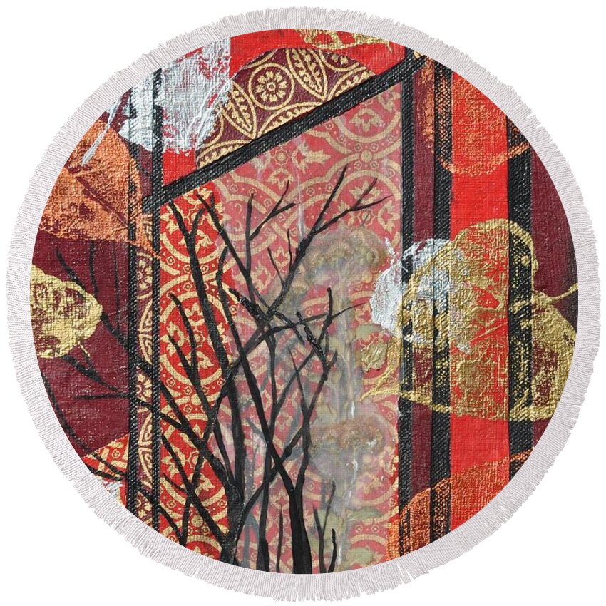 Red Round Beach Towel featuring the mixed media September by Sally Tiska Rice