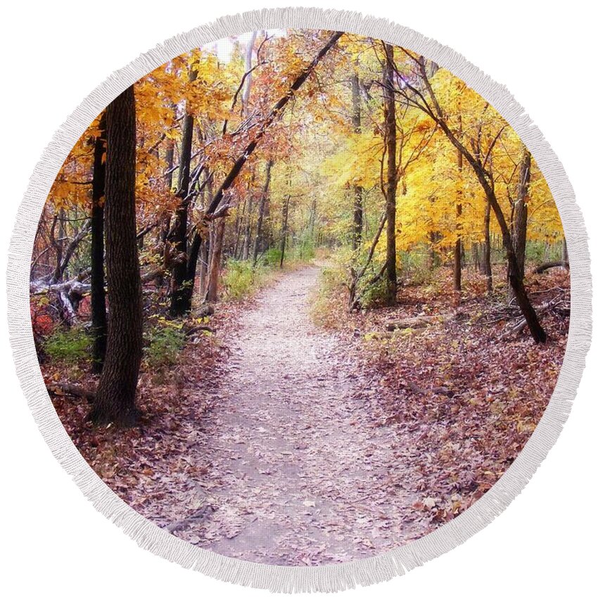 Autumn Round Beach Towel featuring the photograph Serenity a Autumn Walk by Peggy Franz