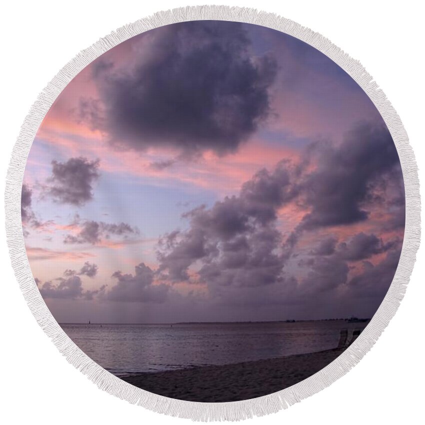 Seven Mile Beach Round Beach Towel featuring the photograph Seven Mile Beach Sunset by Peggy Hughes