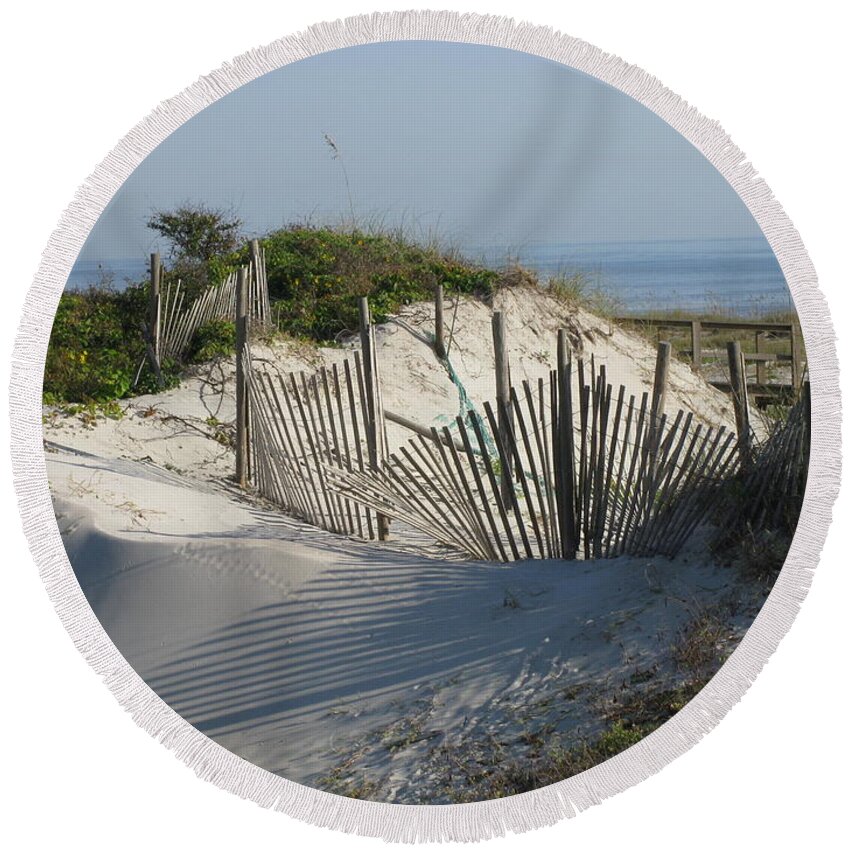 Beach Round Beach Towel featuring the photograph Shadow Fence by Ellen Meakin