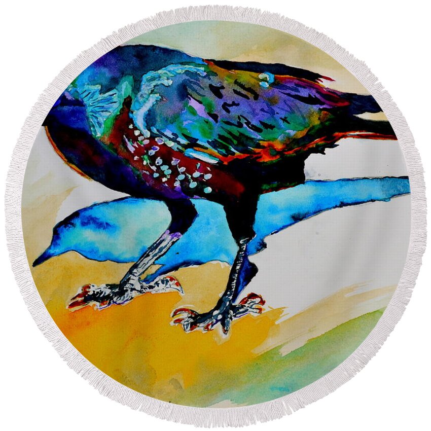 Crow Round Beach Towel featuring the painting Shadowland Visitor by Beverley Harper Tinsley