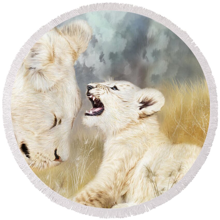 Lion Round Beach Towel featuring the mixed media She Listens by Carol Cavalaris