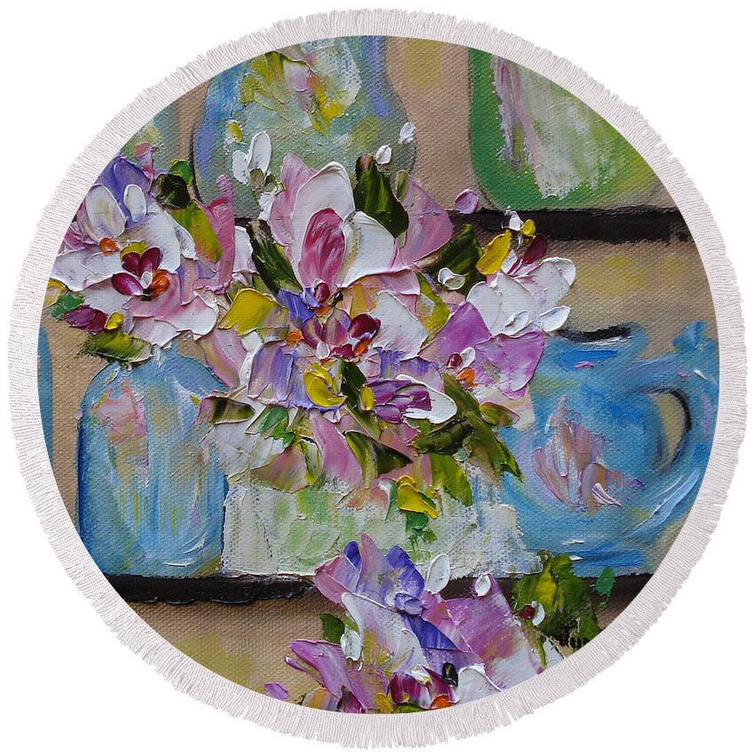 Flowers Round Beach Towel featuring the painting Shelf Life by Judith Rhue